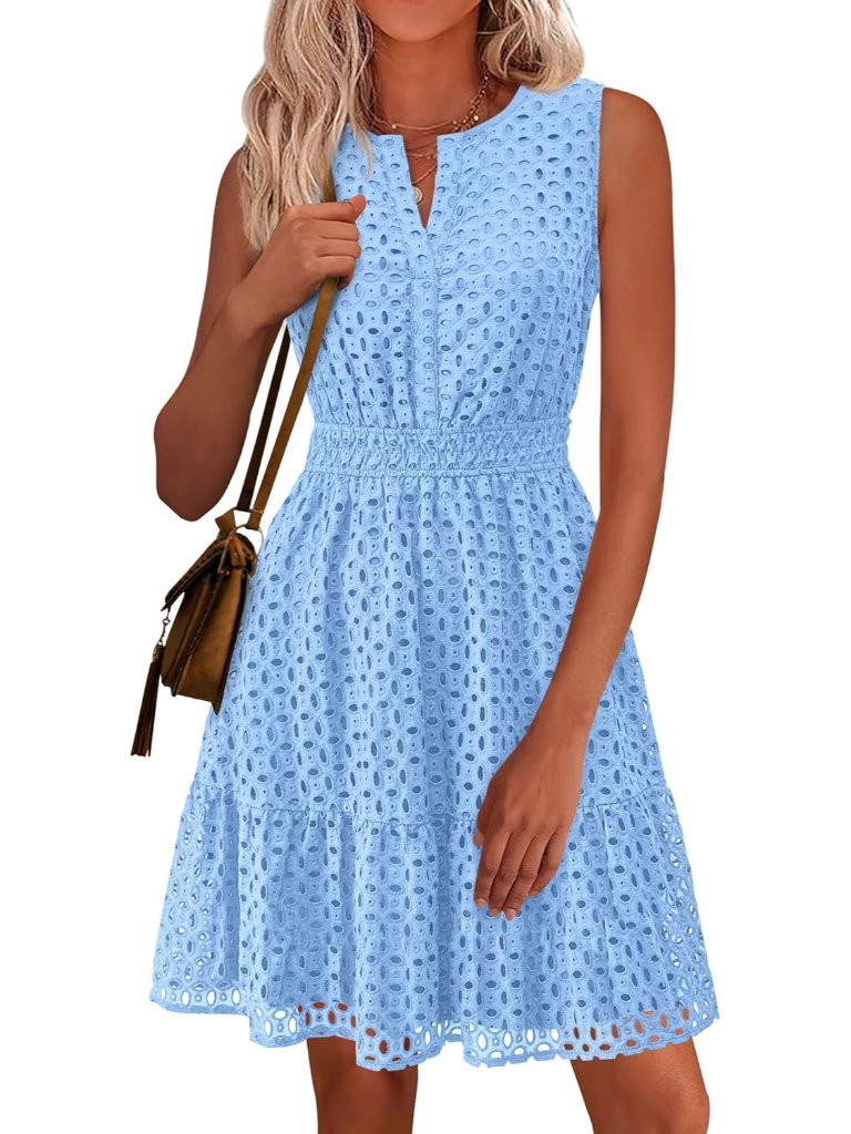 Women's Light Blue Summer Sleeveless V Neck Eyelet Hollow Out Swing Sun Dress